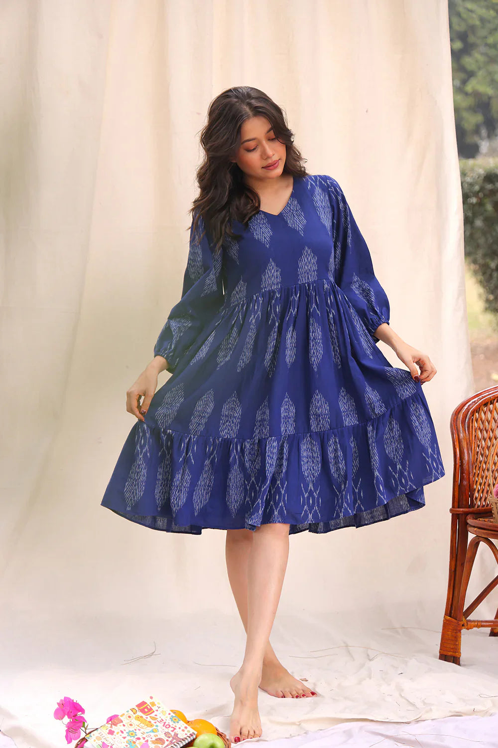 Twilight Blue Ikkat Cotton Dress | SHOBITAM