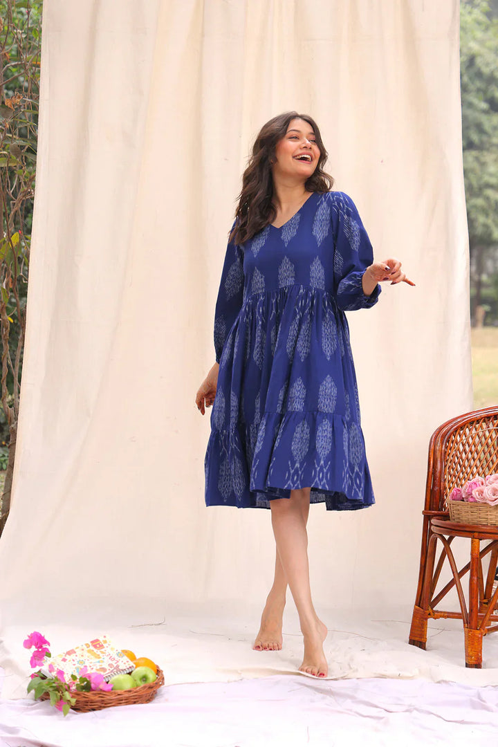 Twilight Blue Ikkat Cotton Dress | SHOBITAM
