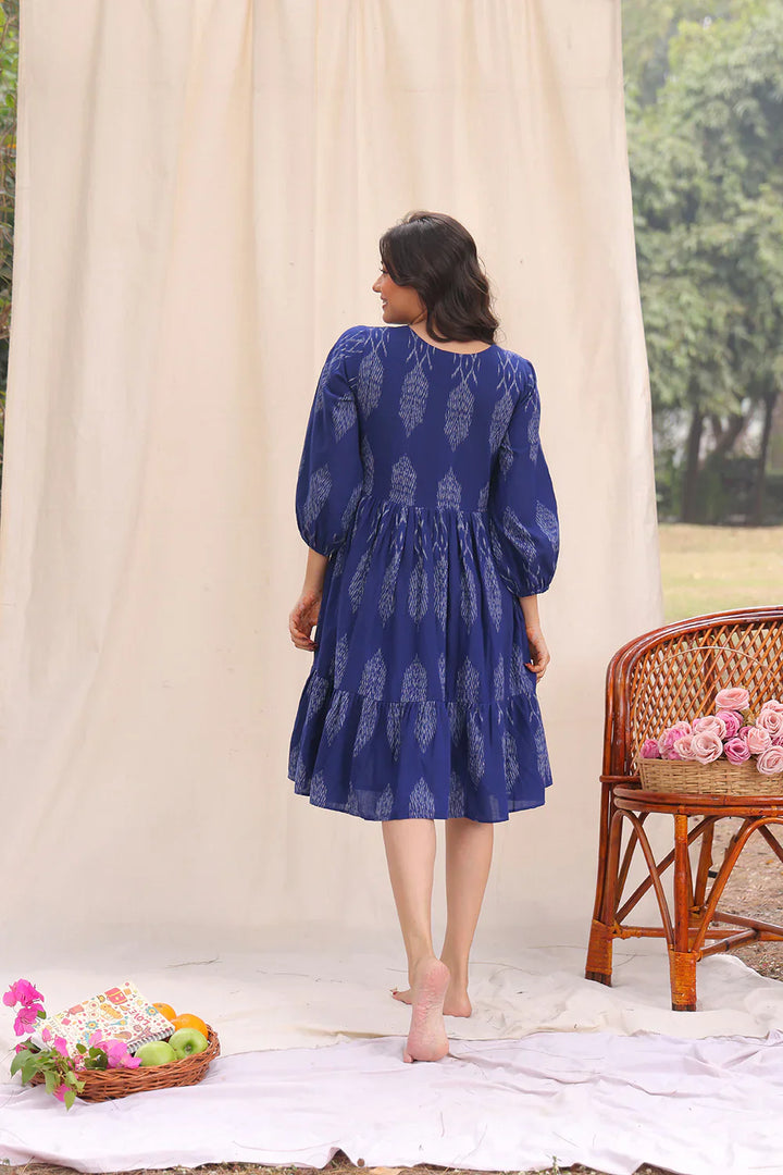 Twilight Blue Ikkat Cotton Dress | SHOBITAM