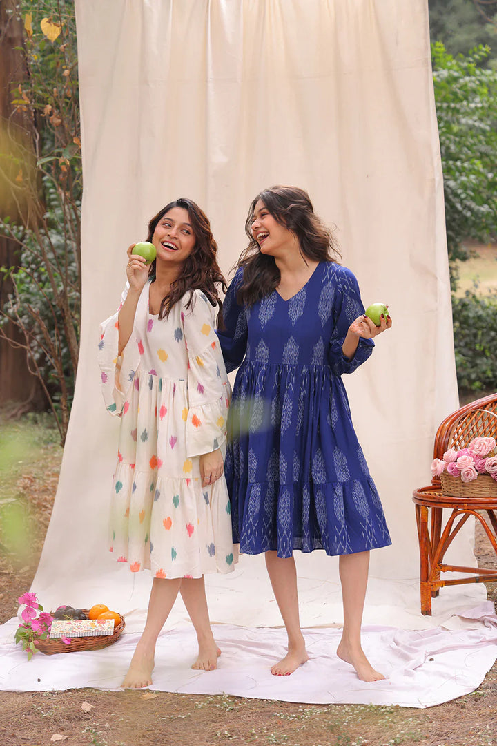 Twilight Blue Ikkat Cotton Dress | SHOBITAM