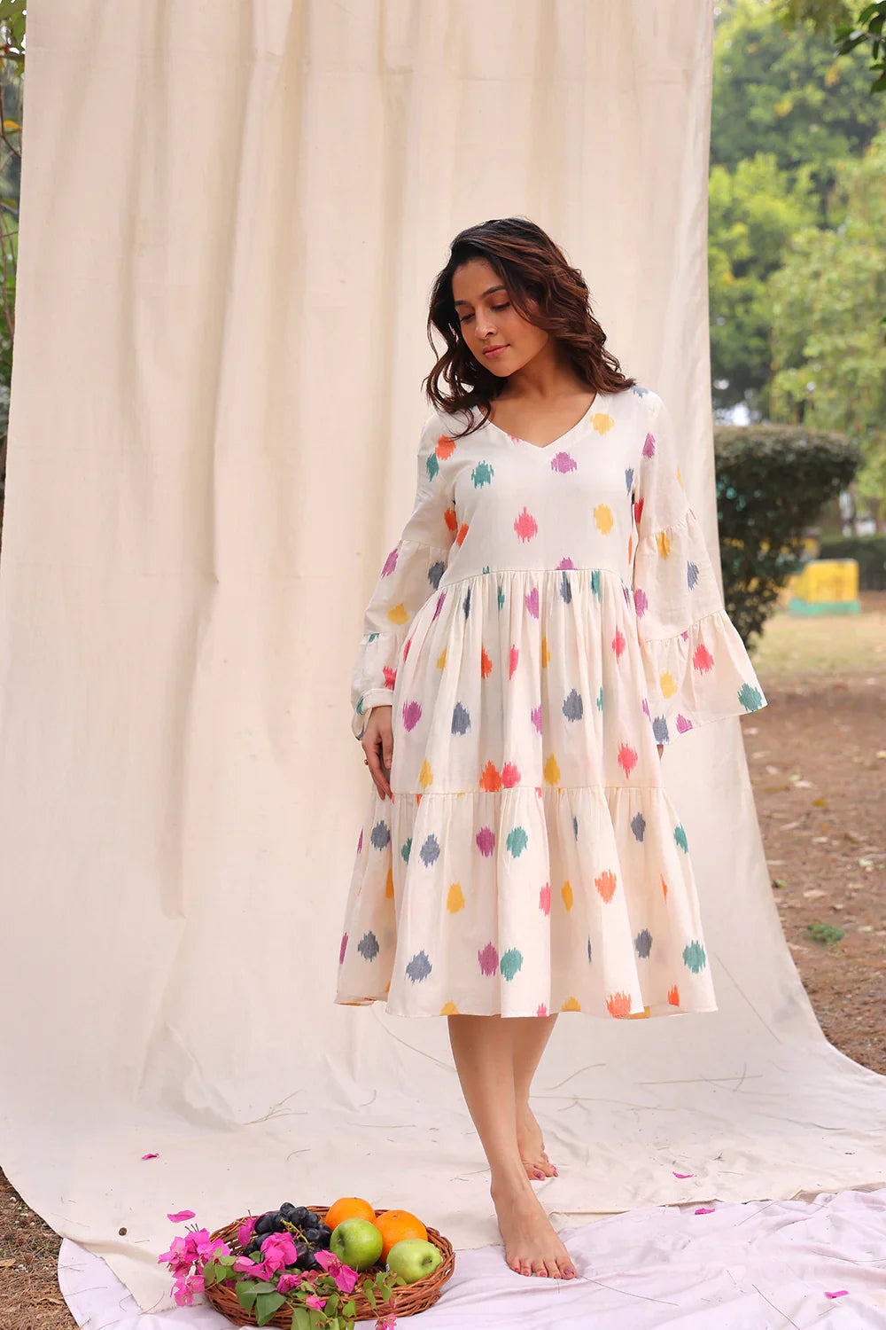 Canvas Off White Ikkat Cotton Dress | SHOBITAM