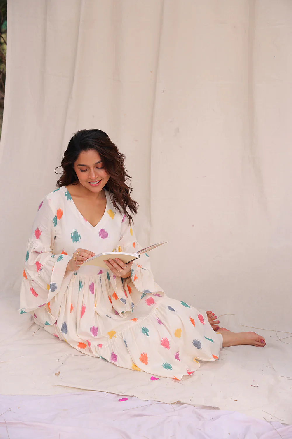 Canvas Off White Ikkat Cotton Dress | SHOBITAM