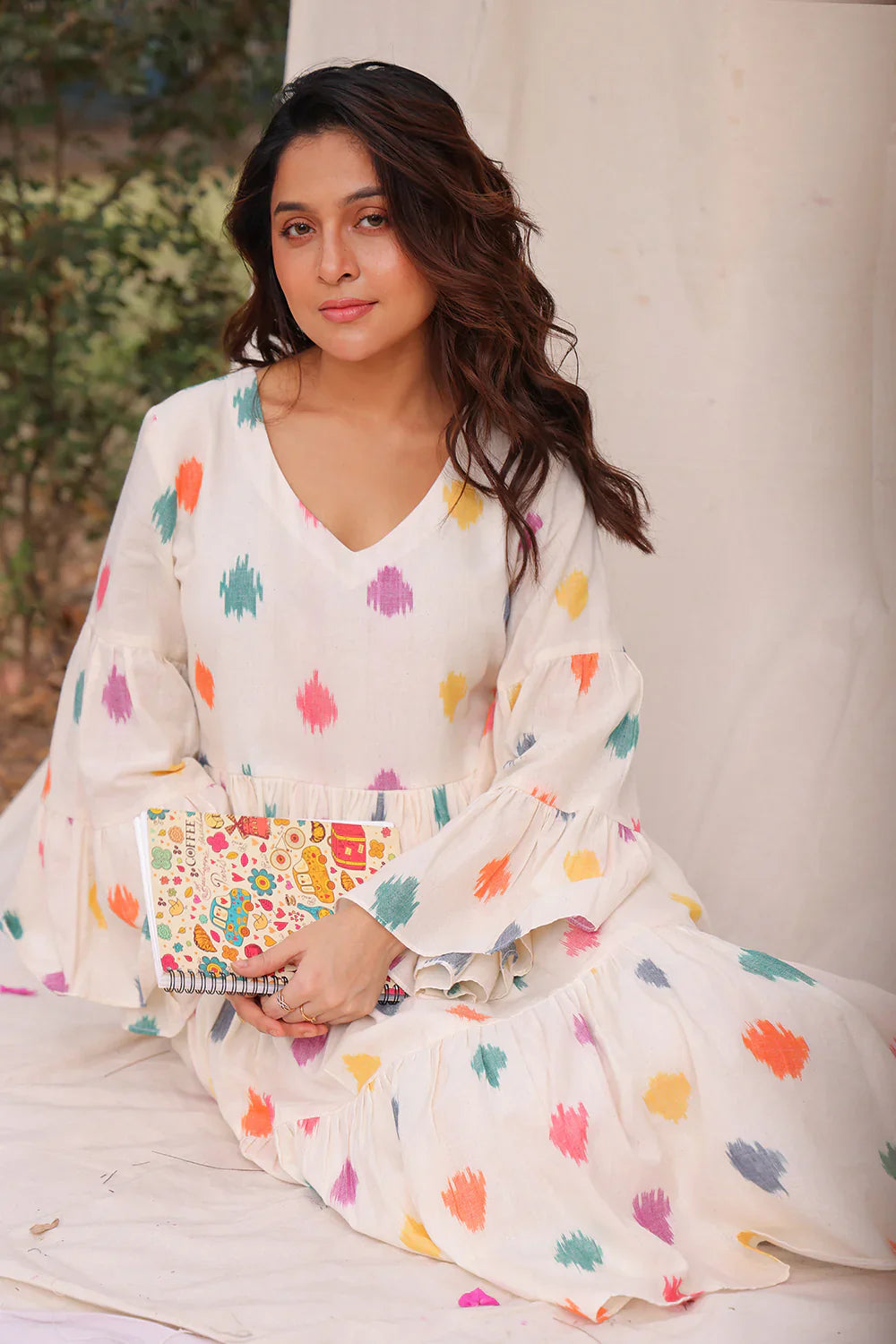 Canvas Off White Ikkat Cotton Dress | SHOBITAM
