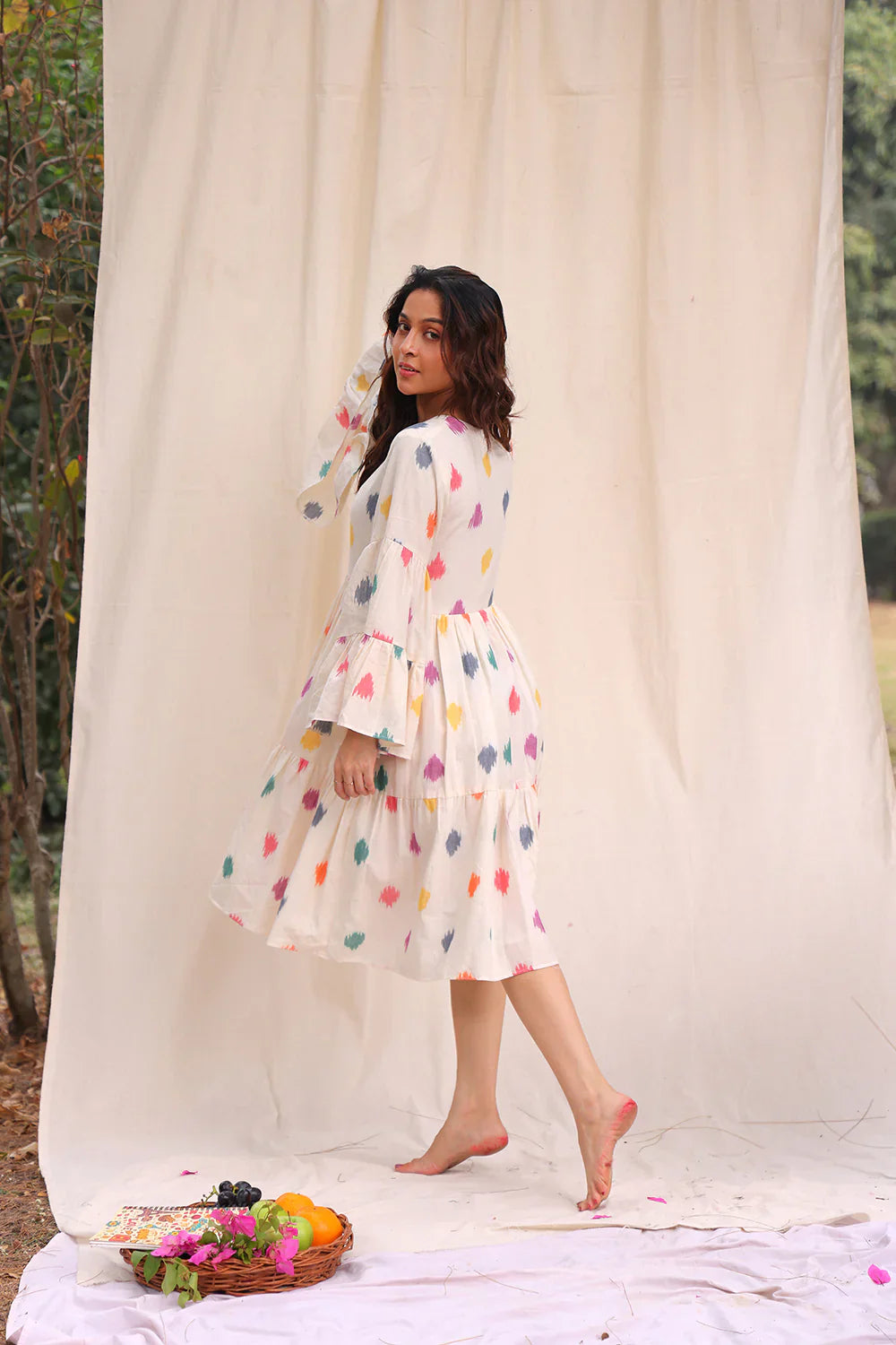 Canvas Off White Ikkat Cotton Dress | SHOBITAM