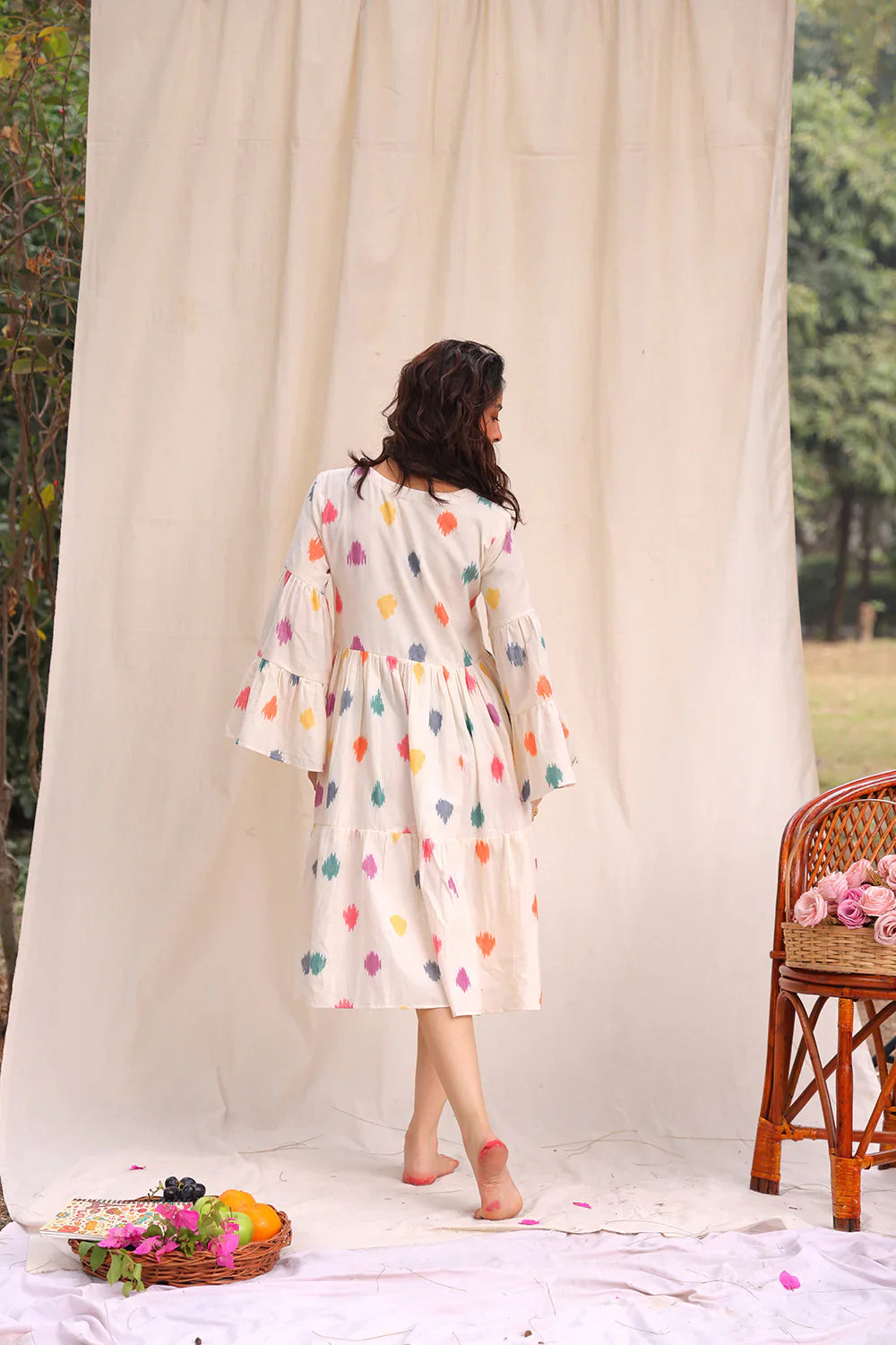 Canvas Off White Ikkat Cotton Dress | SHOBITAM