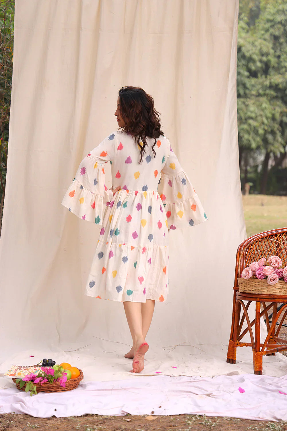 Canvas Off White Ikkat Cotton Dress | SHOBITAM