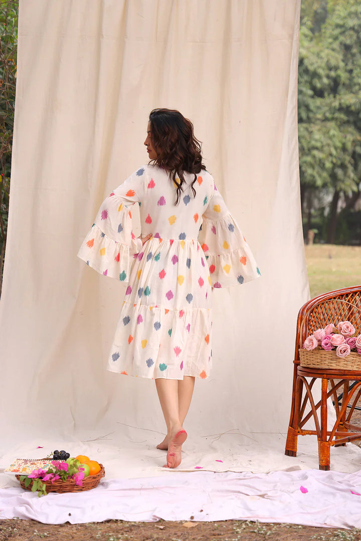 Canvas Off White Ikkat Cotton Dress | SHOBITAM