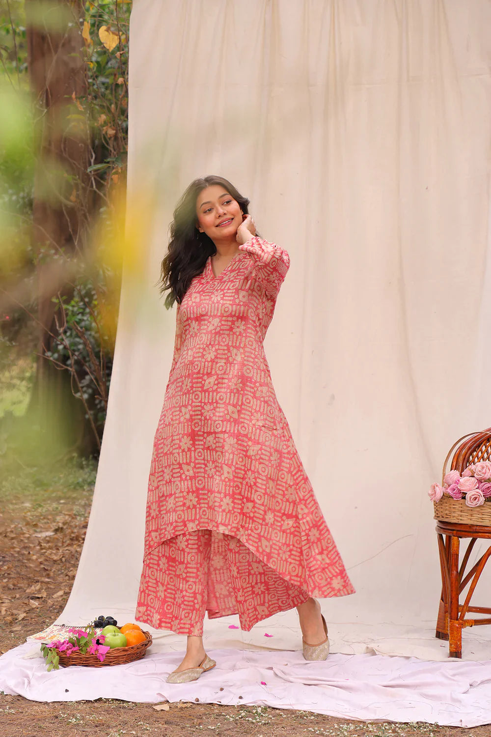 Pink Hand Batik Khadi Cotton Co-ord Set | SHOBITAM