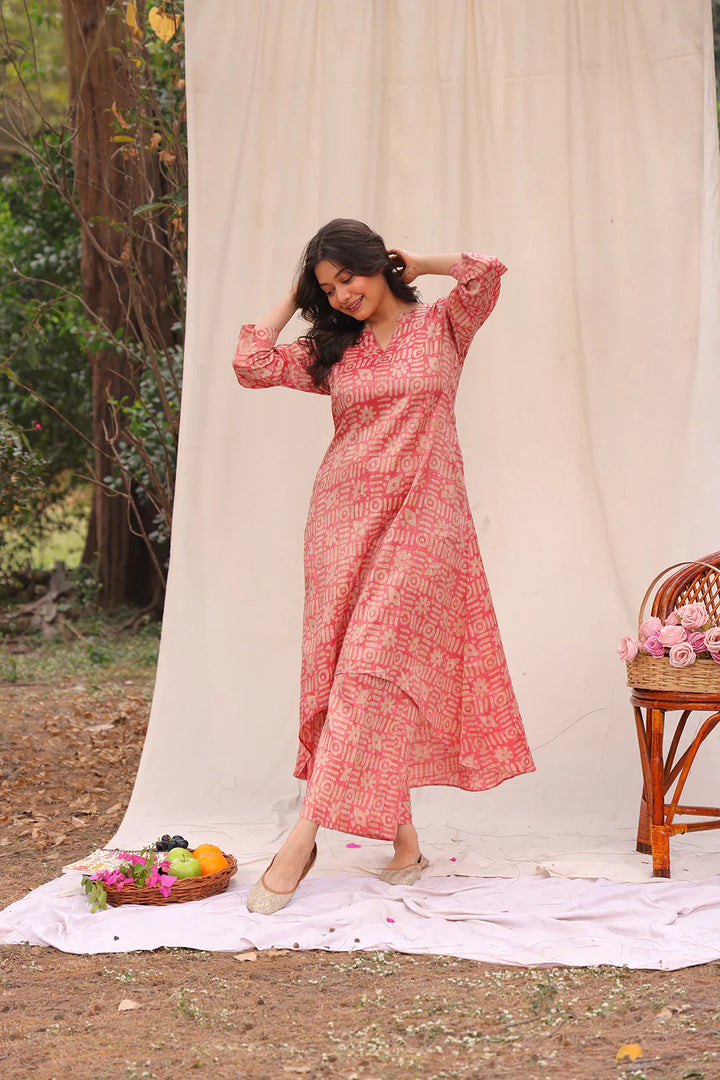 Pink Hand Batik Khadi Cotton Co-ord Set | SHOBITAM