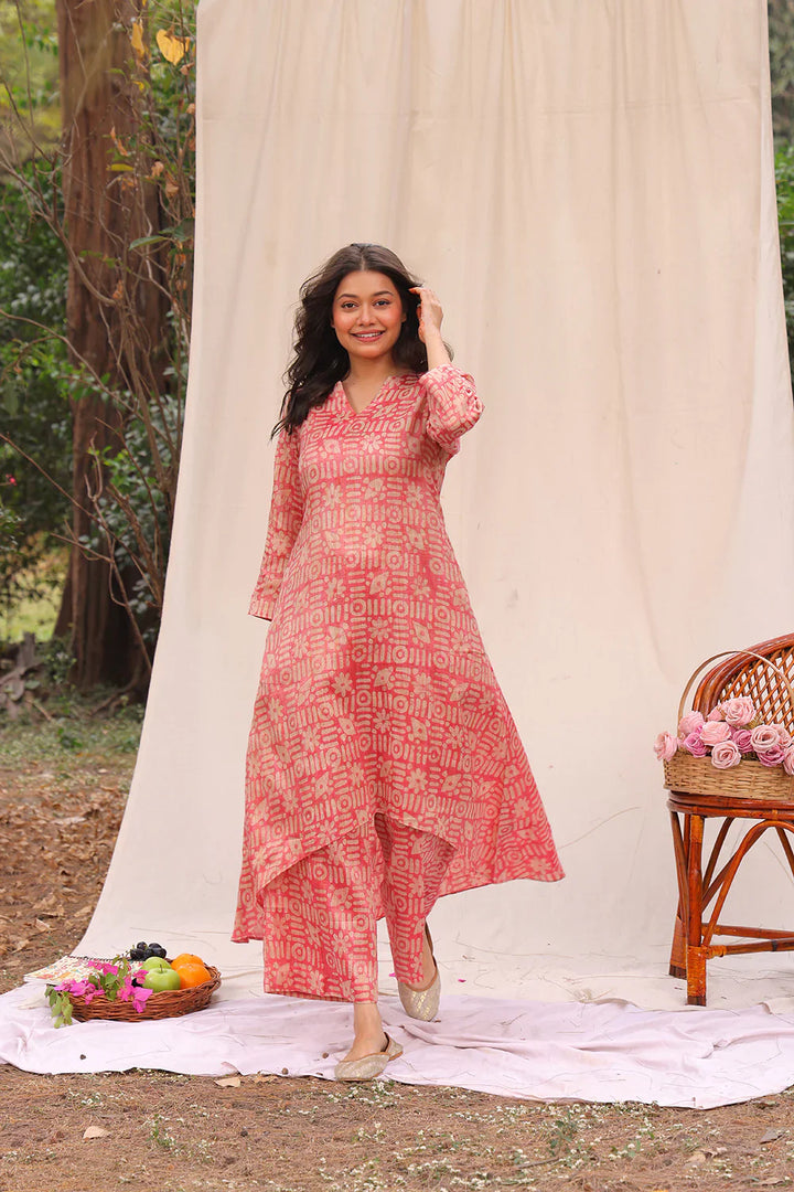 Pink Hand Batik Khadi Cotton Co-ord Set | SHOBITAM
