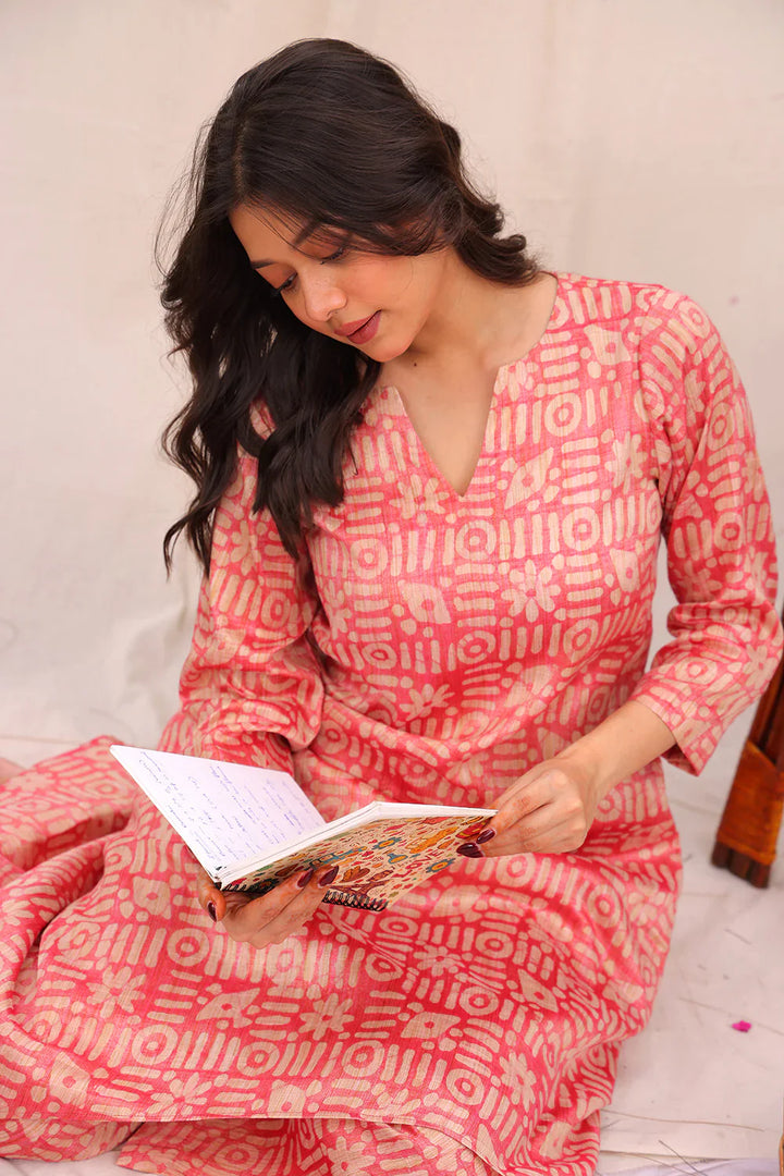 Pink Hand Batik Khadi Cotton Co-ord Set | SHOBITAM