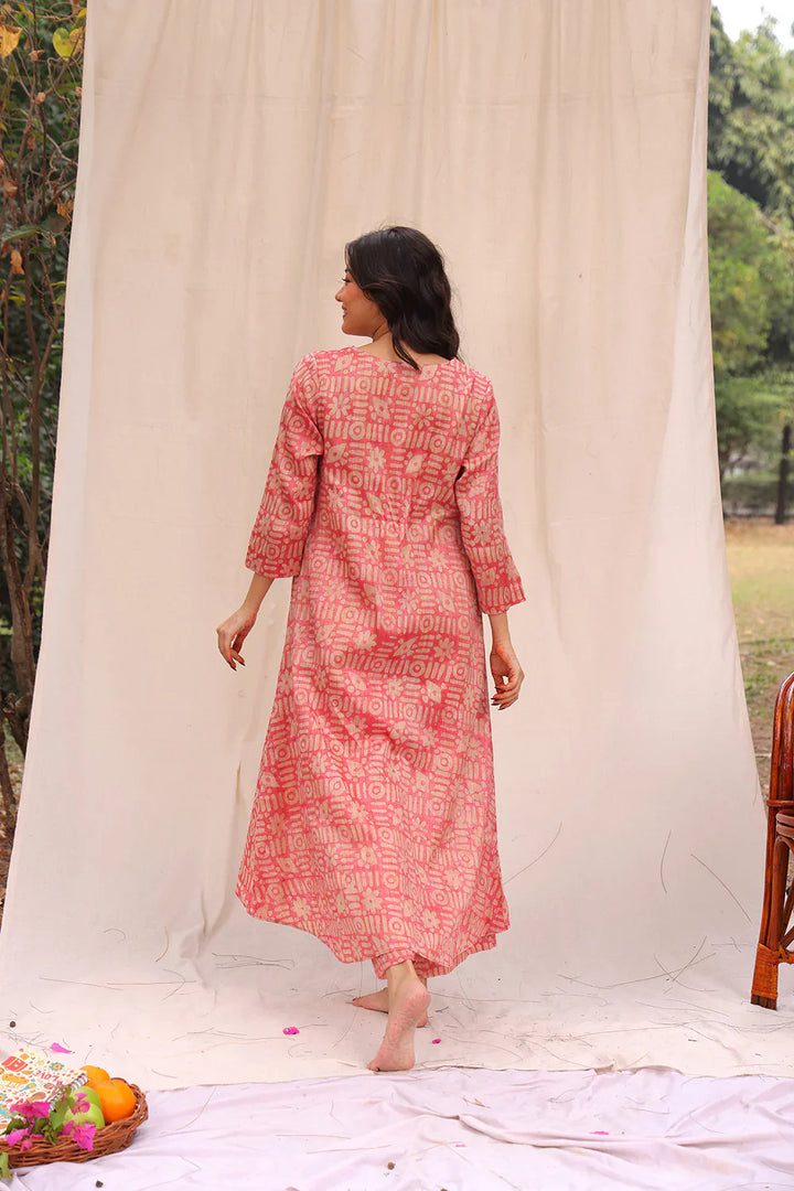 Pink Hand Batik Khadi Cotton Co-ord Set | SHOBITAM