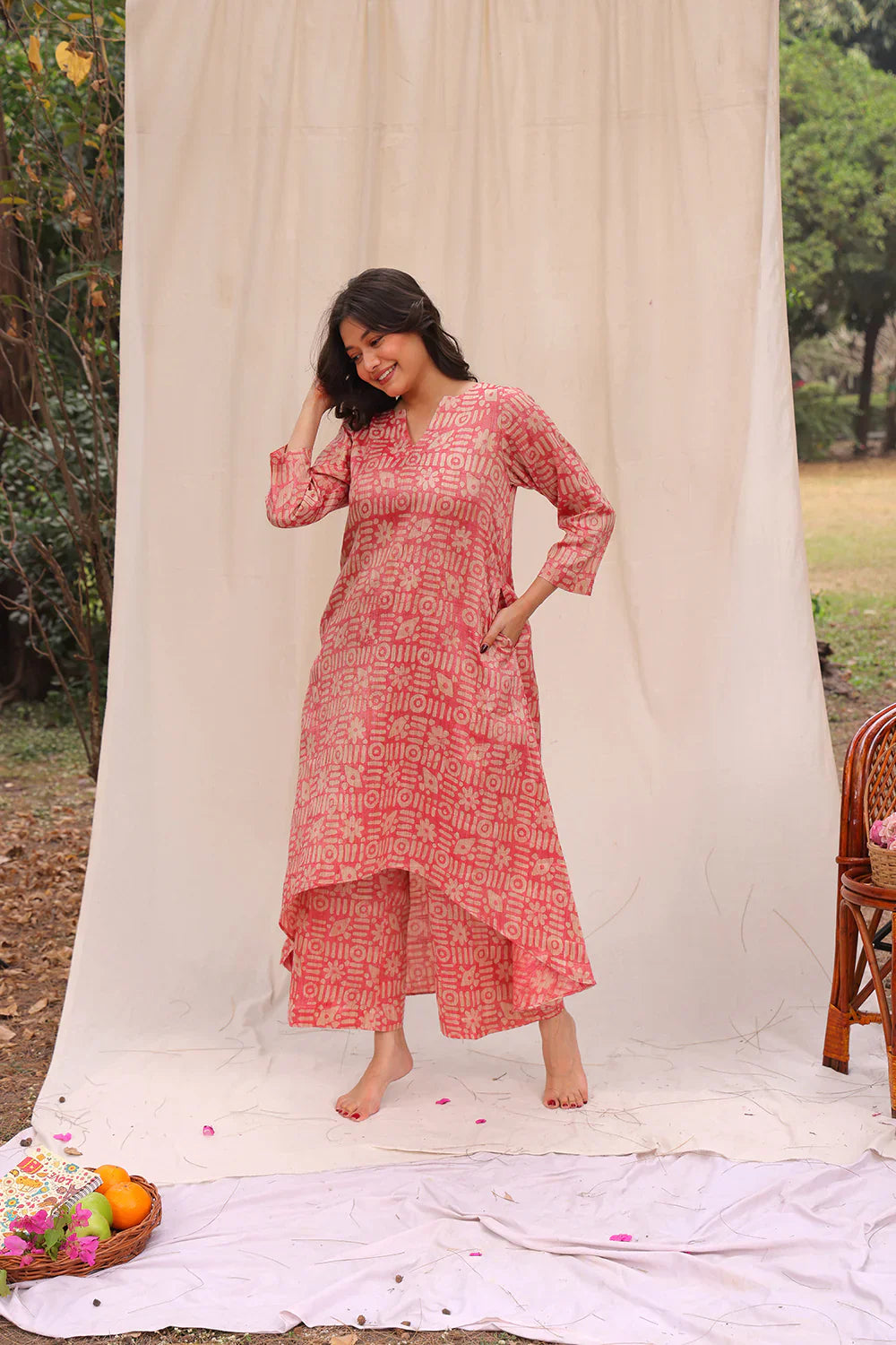 Pink Hand Batik Khadi Cotton Co-ord Set | SHOBITAM