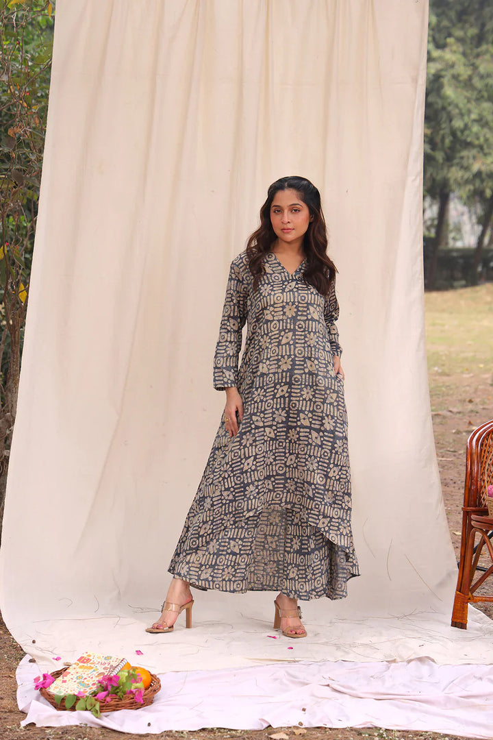 Stone Blue Hand Batik Khadi Cotton Co-ord Set | SHOBITAM