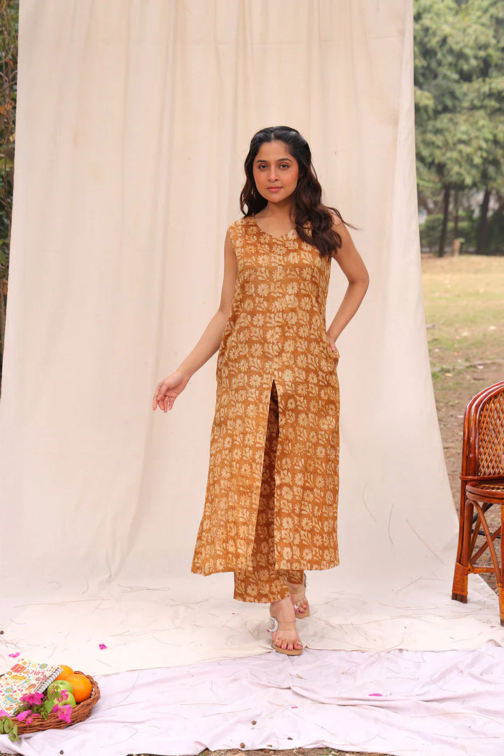 Mustard Yellow Hand Batik Khadi Cotton Co-ord Set | SHOBITAM