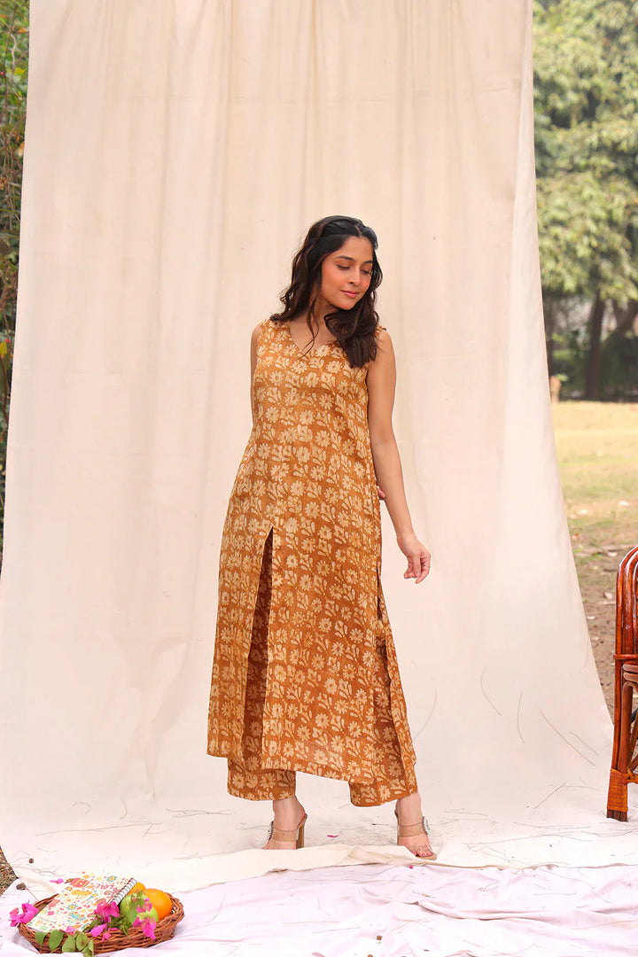 Mustard Yellow Hand Batik Khadi Cotton Co-ord Set | SHOBITAM