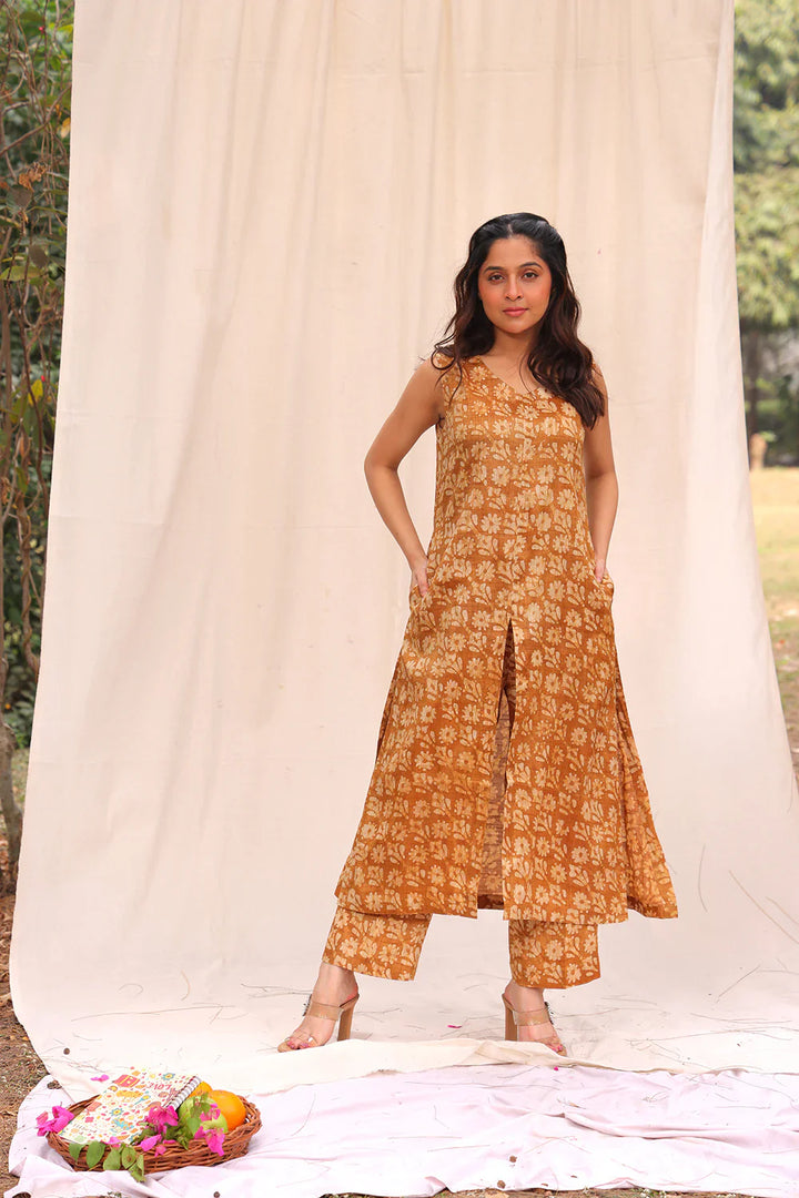Mustard Yellow Hand Batik Khadi Cotton Co-ord Set | SHOBITAM