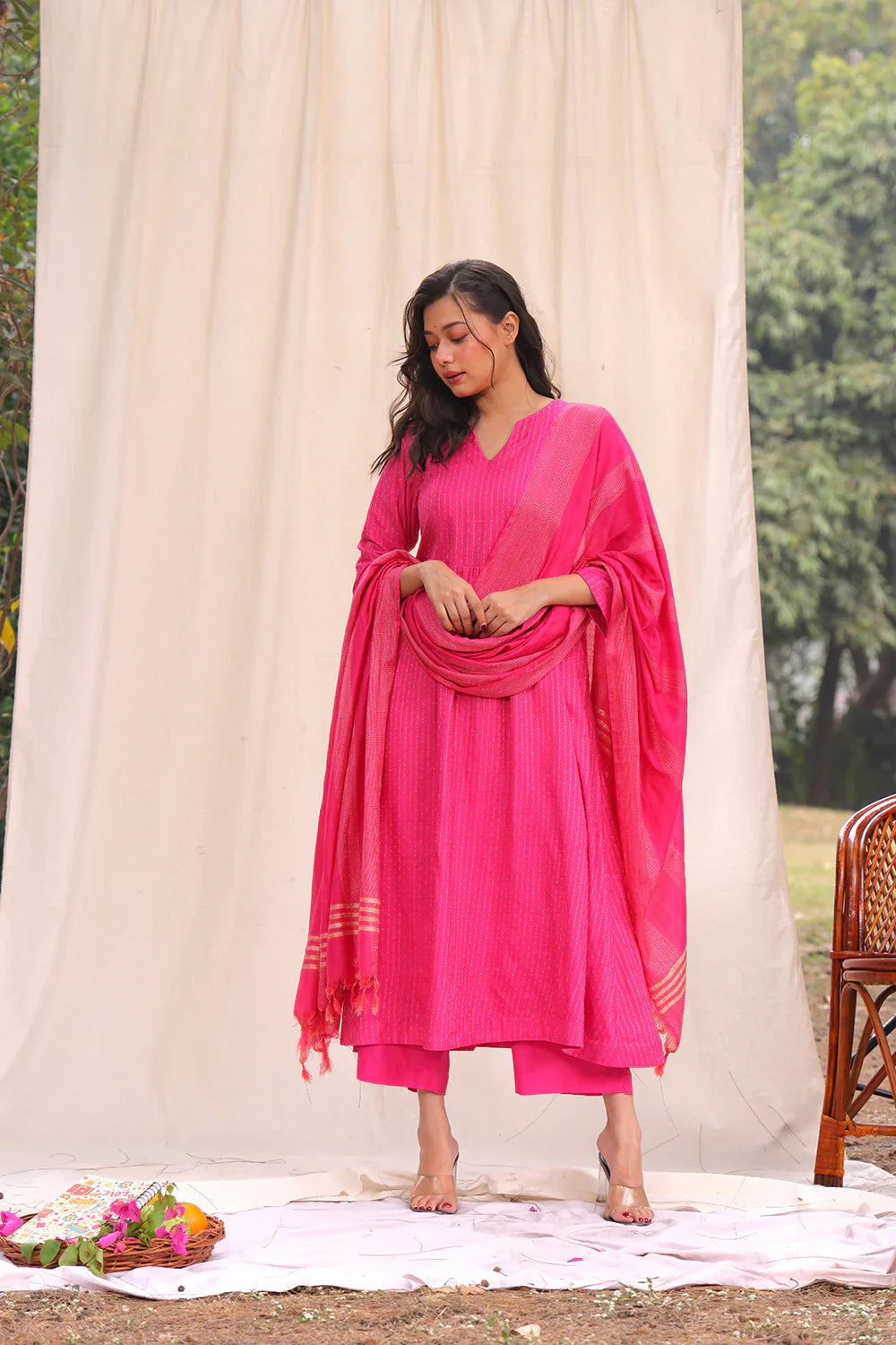 Hot Pink Soft Cotton Silk Woven Kurta Set With Dupatta | SHOBITAM