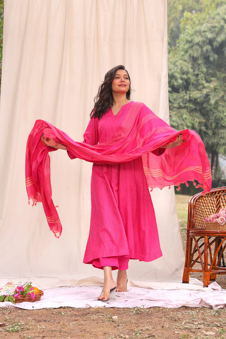 Hot Pink Soft Cotton Silk Woven Kurta Set With Dupatta | SHOBITAM