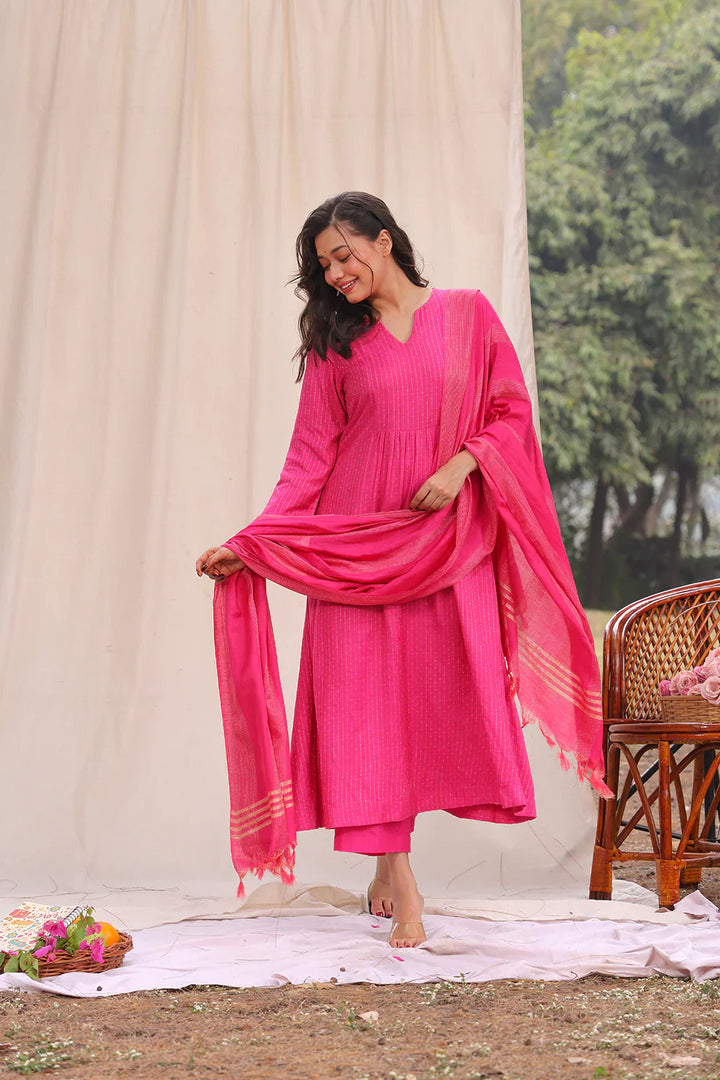 Hot Pink Soft Cotton Silk Woven Kurta Set With Dupatta | SHOBITAM
