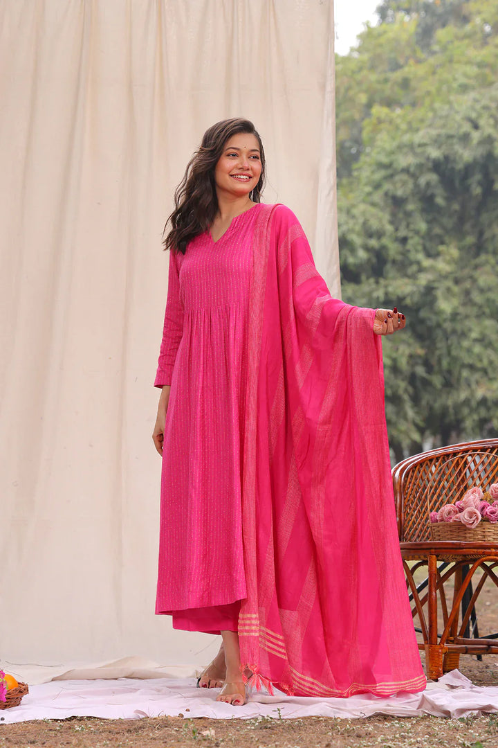 Hot Pink Soft Cotton Silk Woven Kurta Set With Dupatta | SHOBITAM