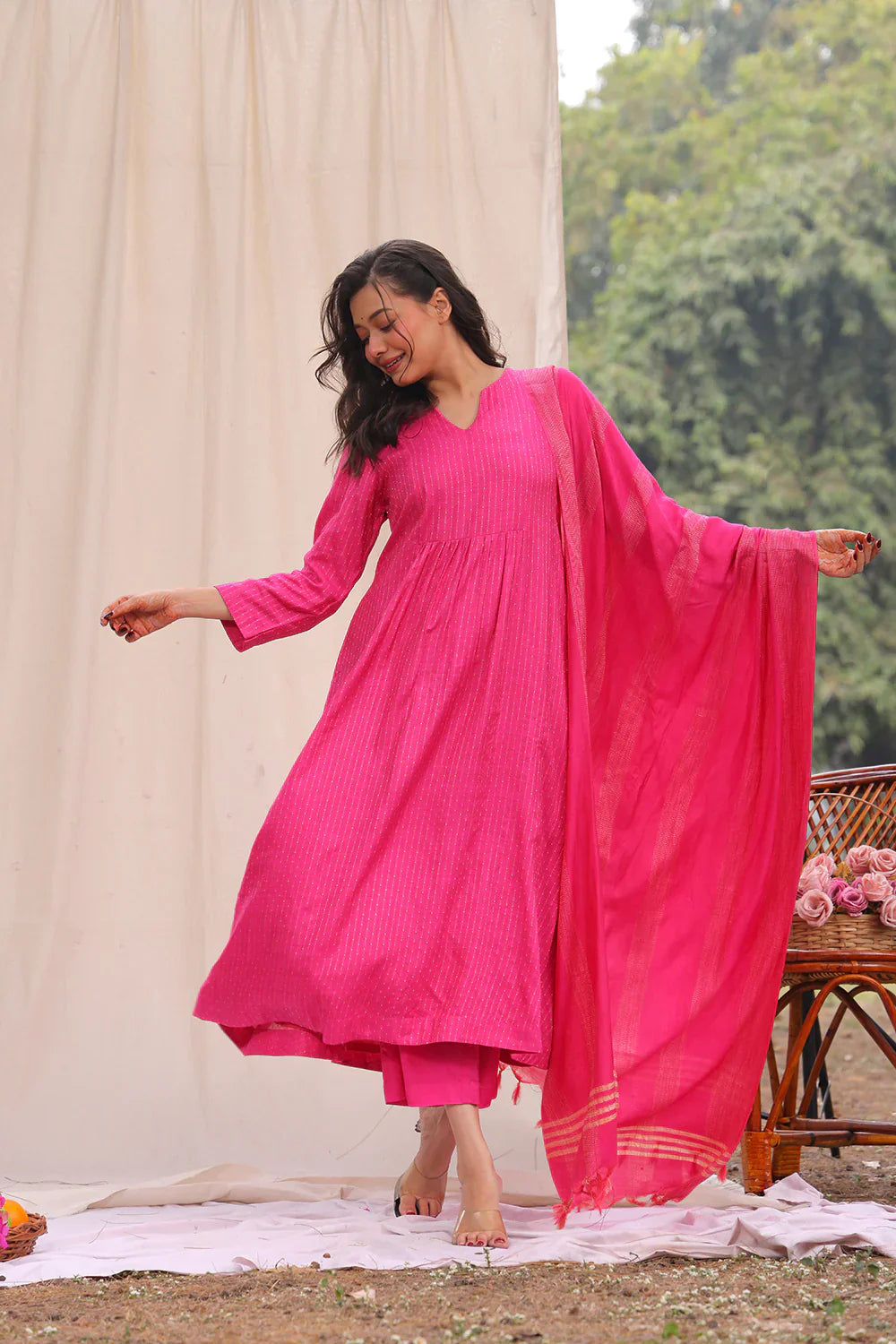 Hot Pink Soft Cotton Silk Woven Kurta Set With Dupatta | SHOBITAM
