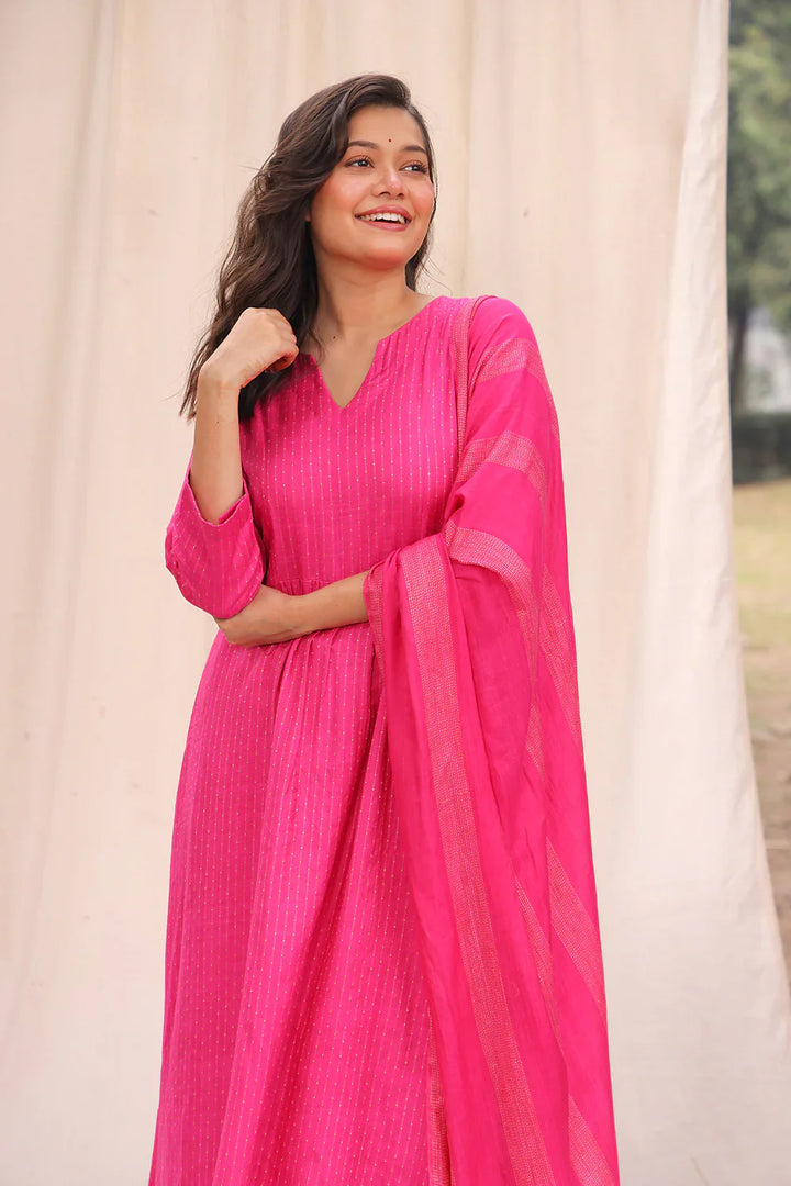 Hot Pink Soft Cotton Silk Woven Kurta Set With Dupatta | SHOBITAM