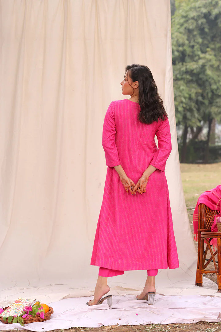Hot Pink Soft Cotton Silk Woven Kurta Set With Dupatta | SHOBITAM