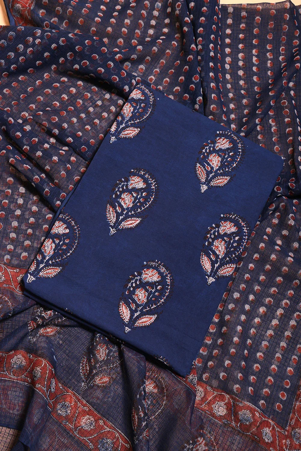 Indigo Hand Block Print Suit Set With Dupatta | SHOBITAM