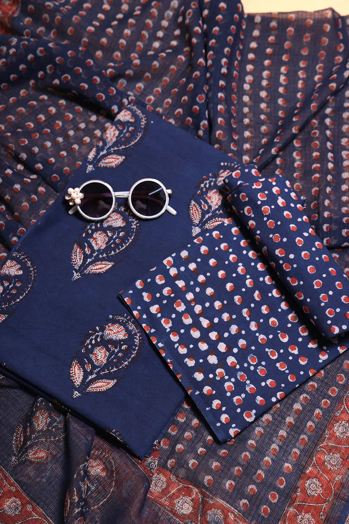 Indigo Hand Block Print Suit Set With Dupatta | SHOBITAM