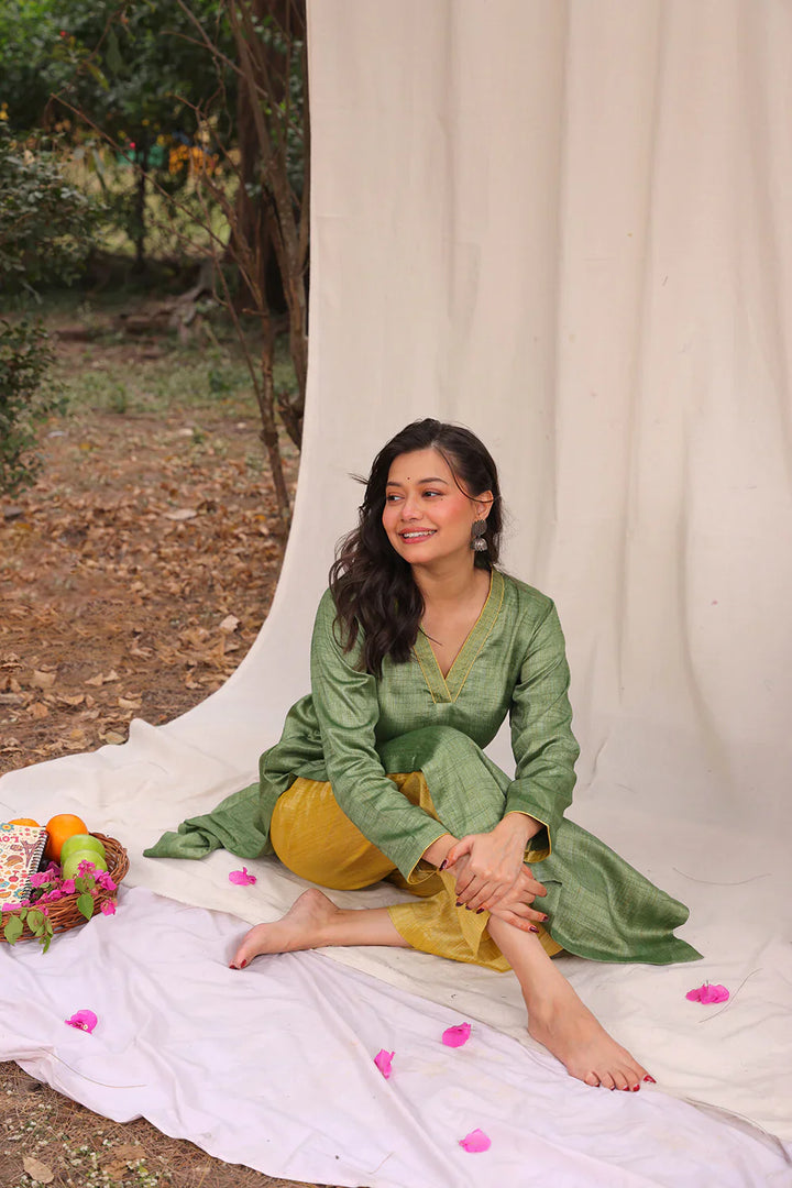 Green and Yellow Khadi Cotton Co-ord Set | SHOBITAM
