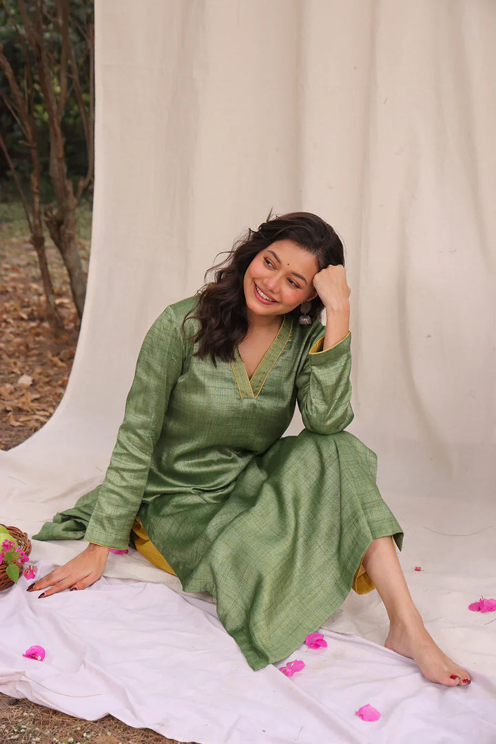 Green and Yellow Khadi Cotton Co-ord Set | SHOBITAM