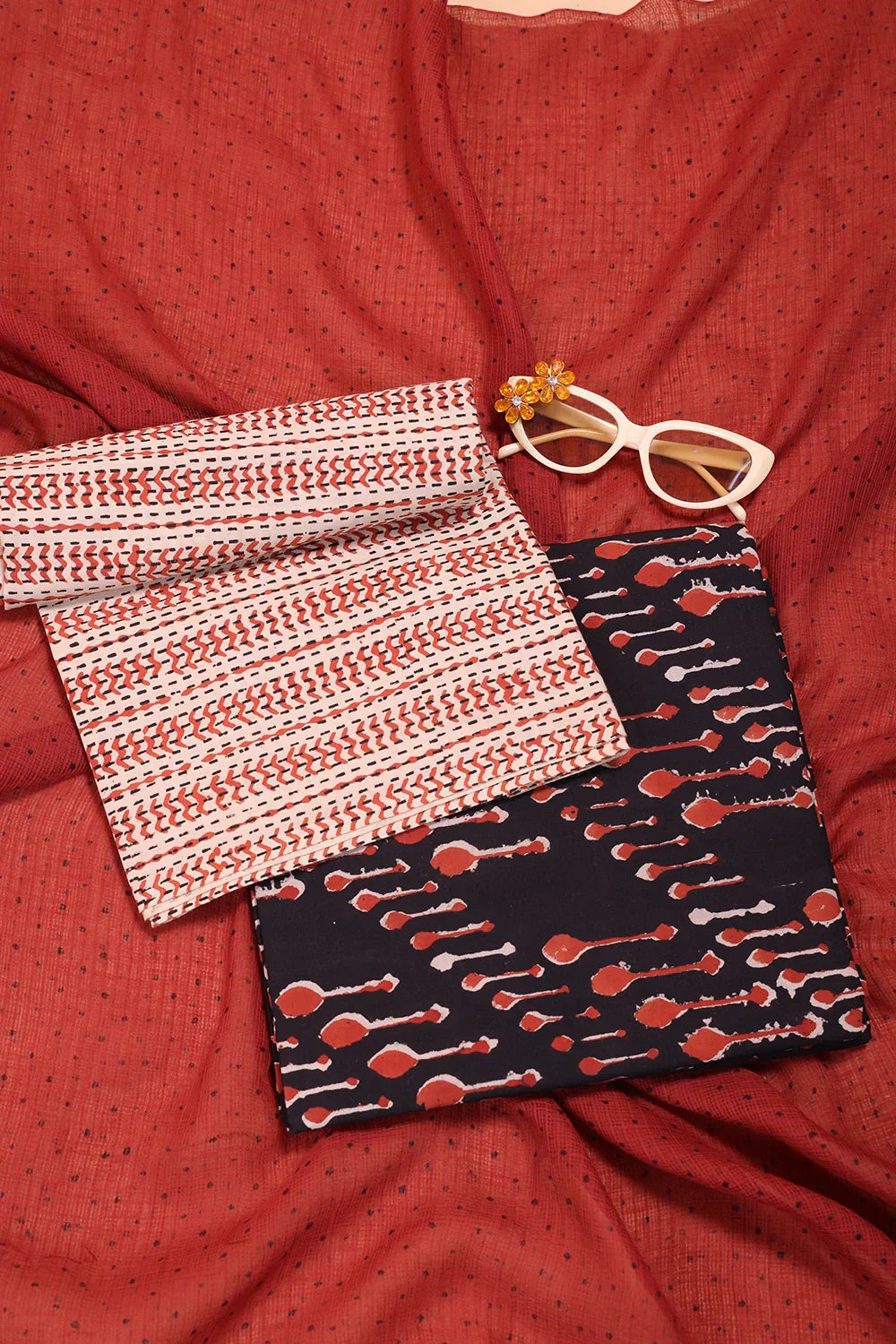 Maroon Spoon Hand Block Print Suit Set With Dupatta | SHOBITAM