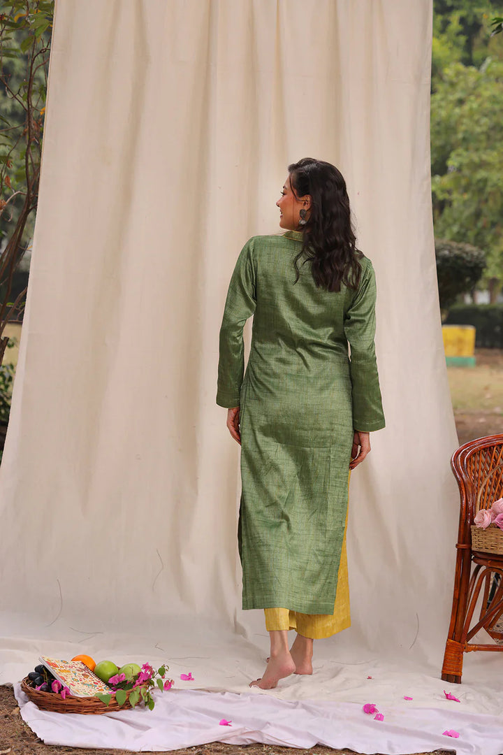 Green and Yellow Khadi Cotton Co-ord Set | SHOBITAM
