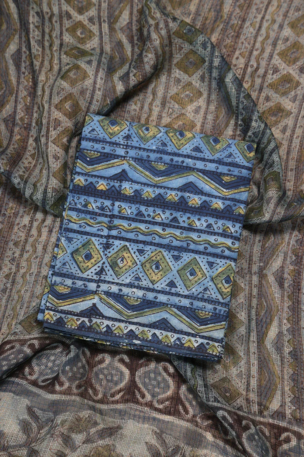 Blue Hand Block Print Suit Set With Dupatta | SHOBITAM