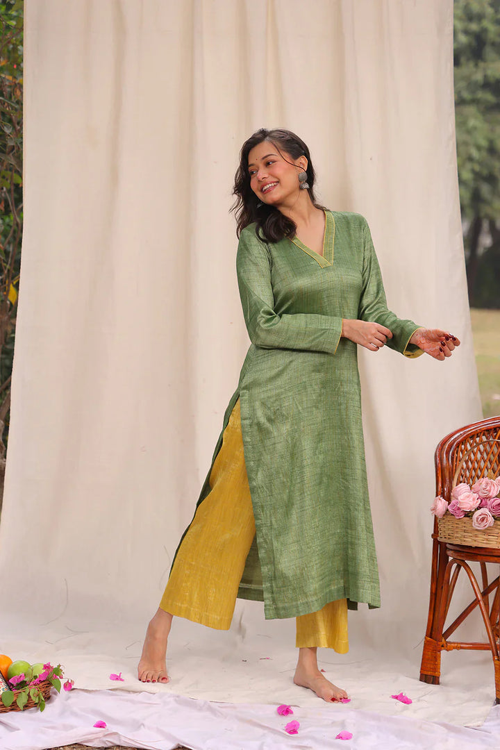 Green and Yellow Khadi Cotton Co-ord Set | SHOBITAM