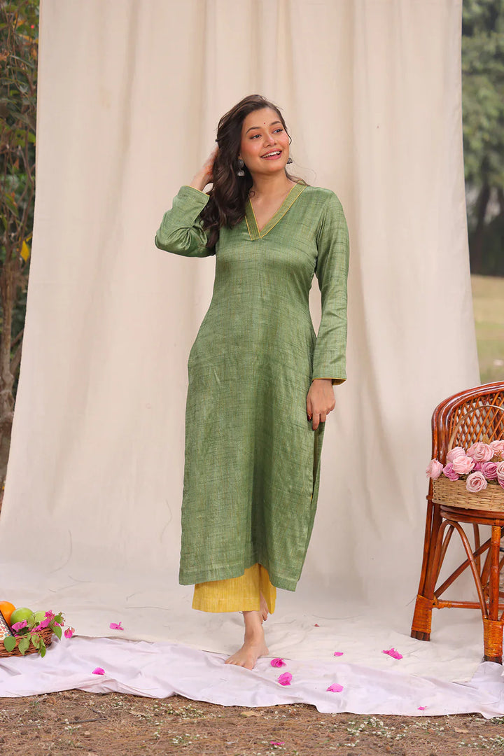 Green and Yellow Khadi Cotton Co-ord Set | SHOBITAM