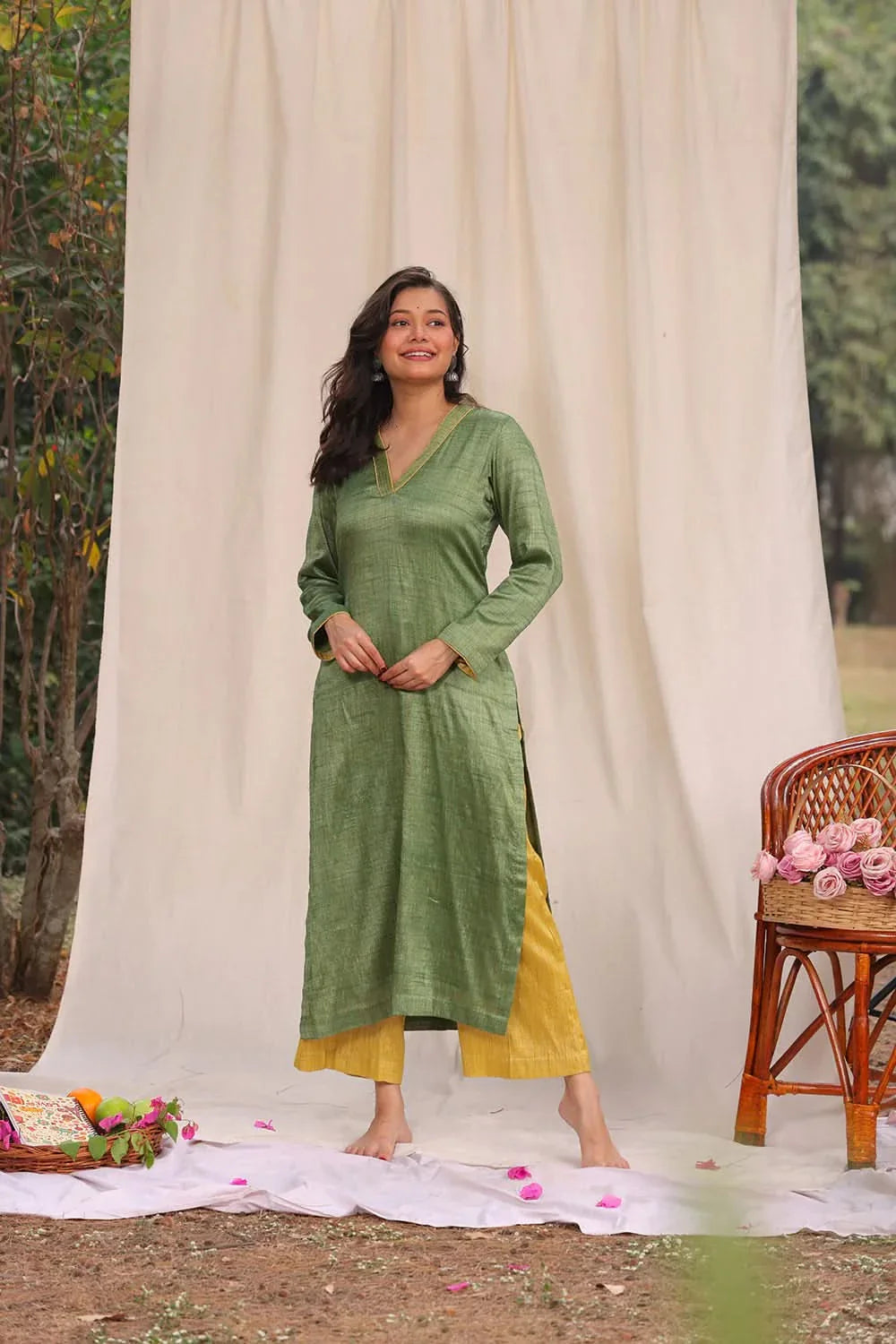 Green and Yellow Khadi Cotton Co-ord Set | SHOBITAM
