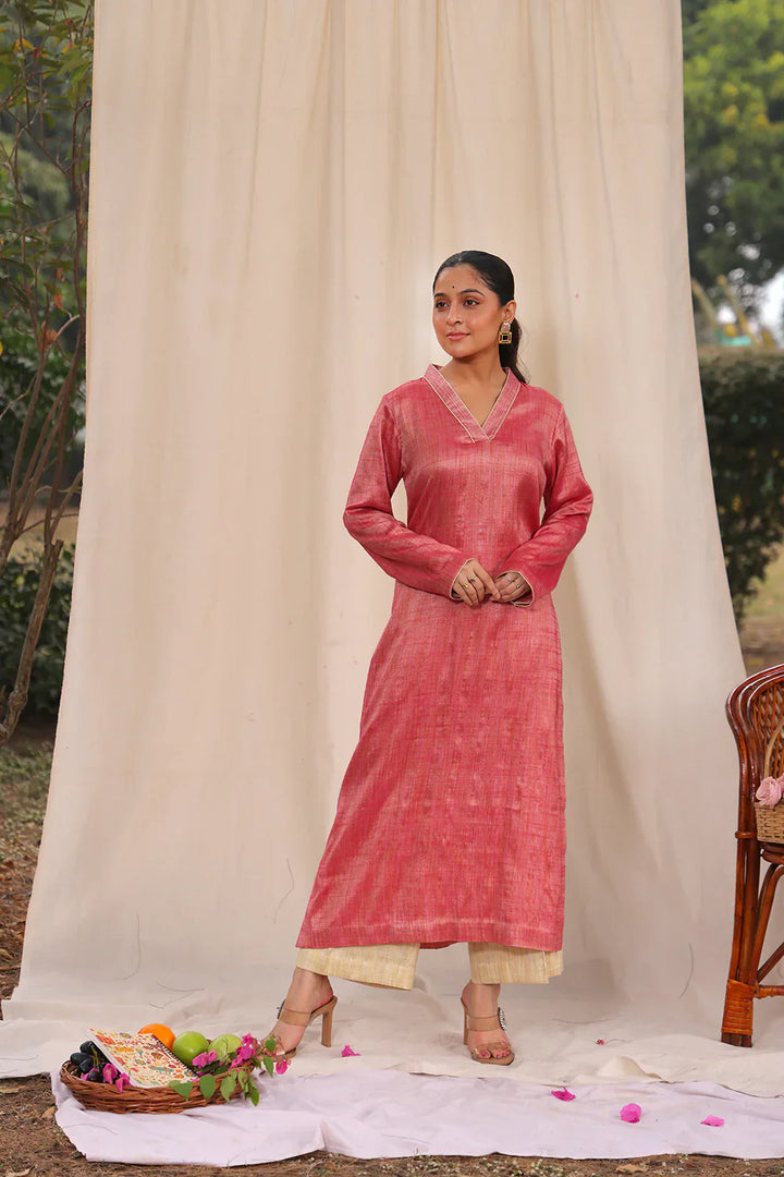 Pink and Cream Khadi Cotton Co-ord Set | SHOBITAM