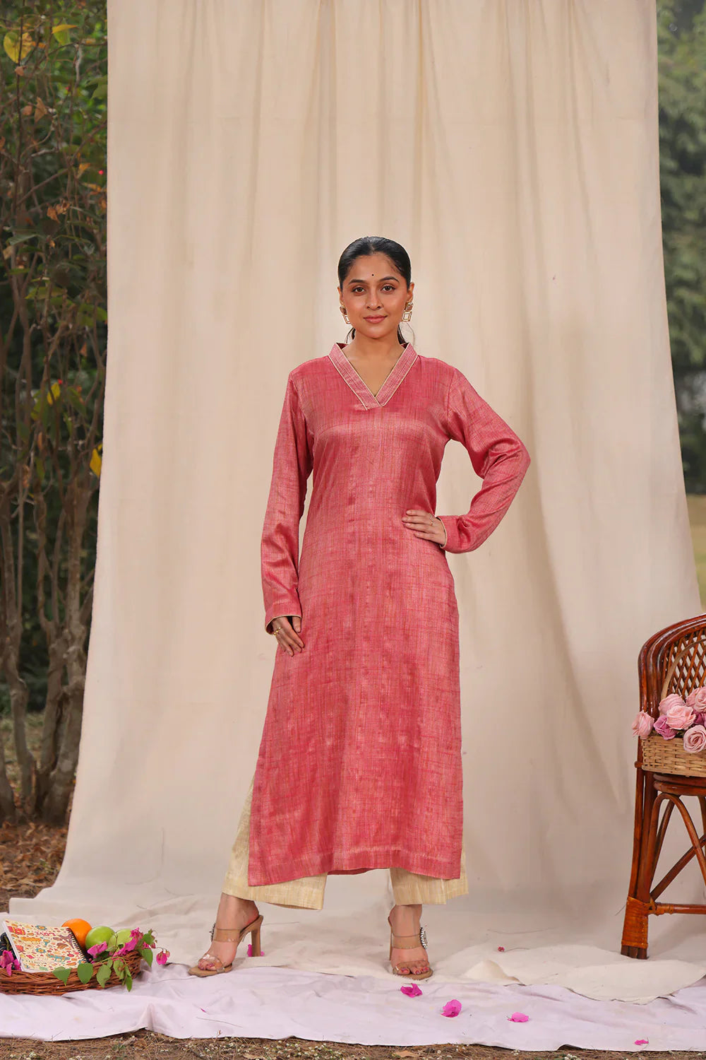Pink and Cream Khadi Cotton Co-ord Set | SHOBITAM
