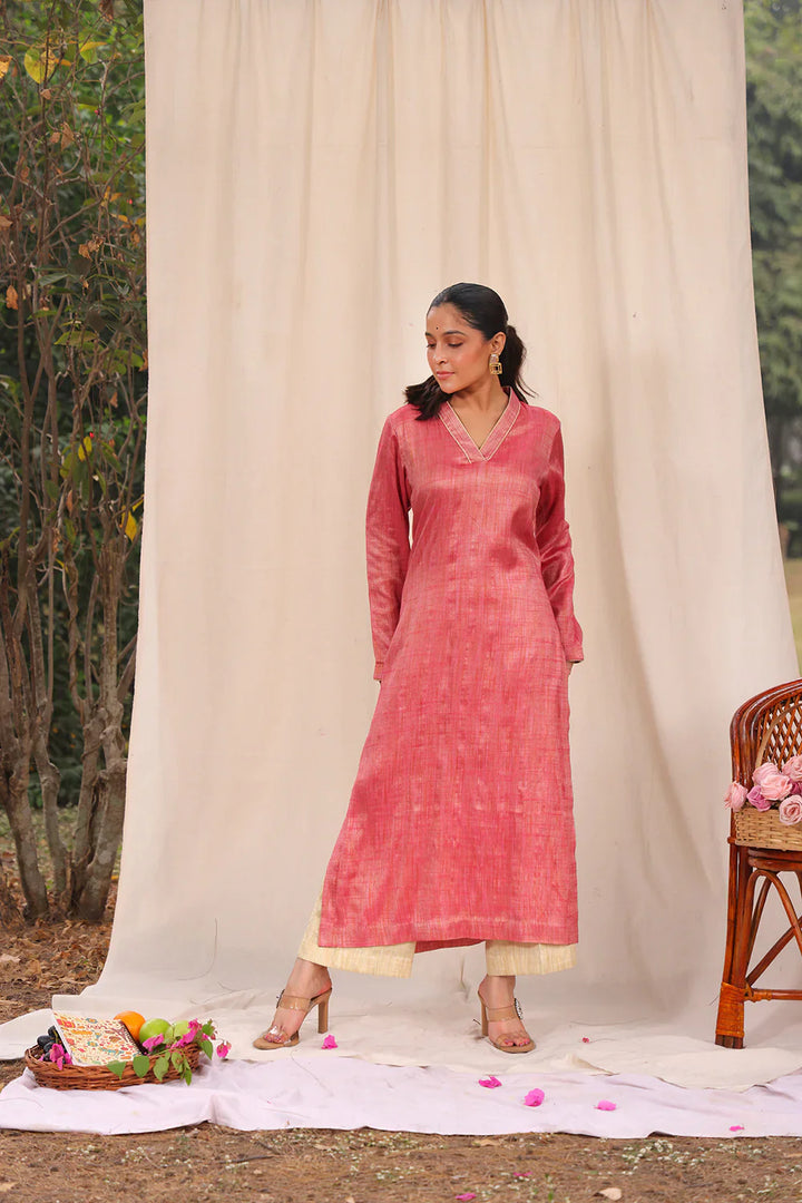 Pink and Cream Khadi Cotton Co-ord Set | SHOBITAM