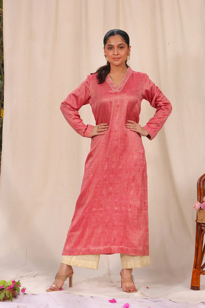 Pink and Cream Khadi Cotton Co-ord Set | SHOBITAM