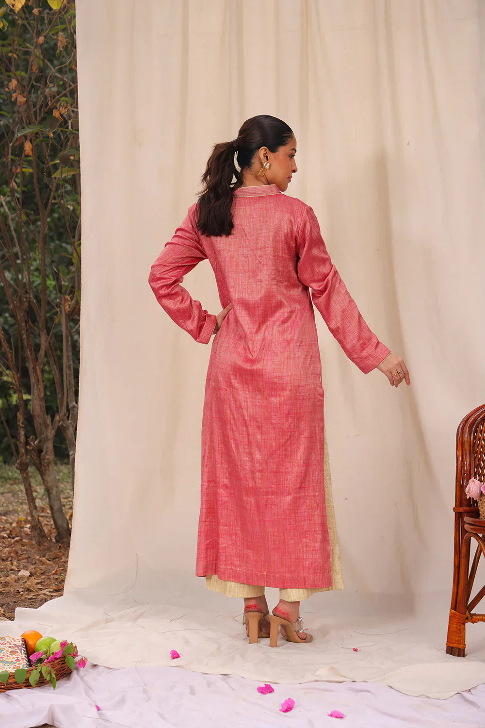 Pink and Cream Khadi Cotton Co-ord Set | SHOBITAM