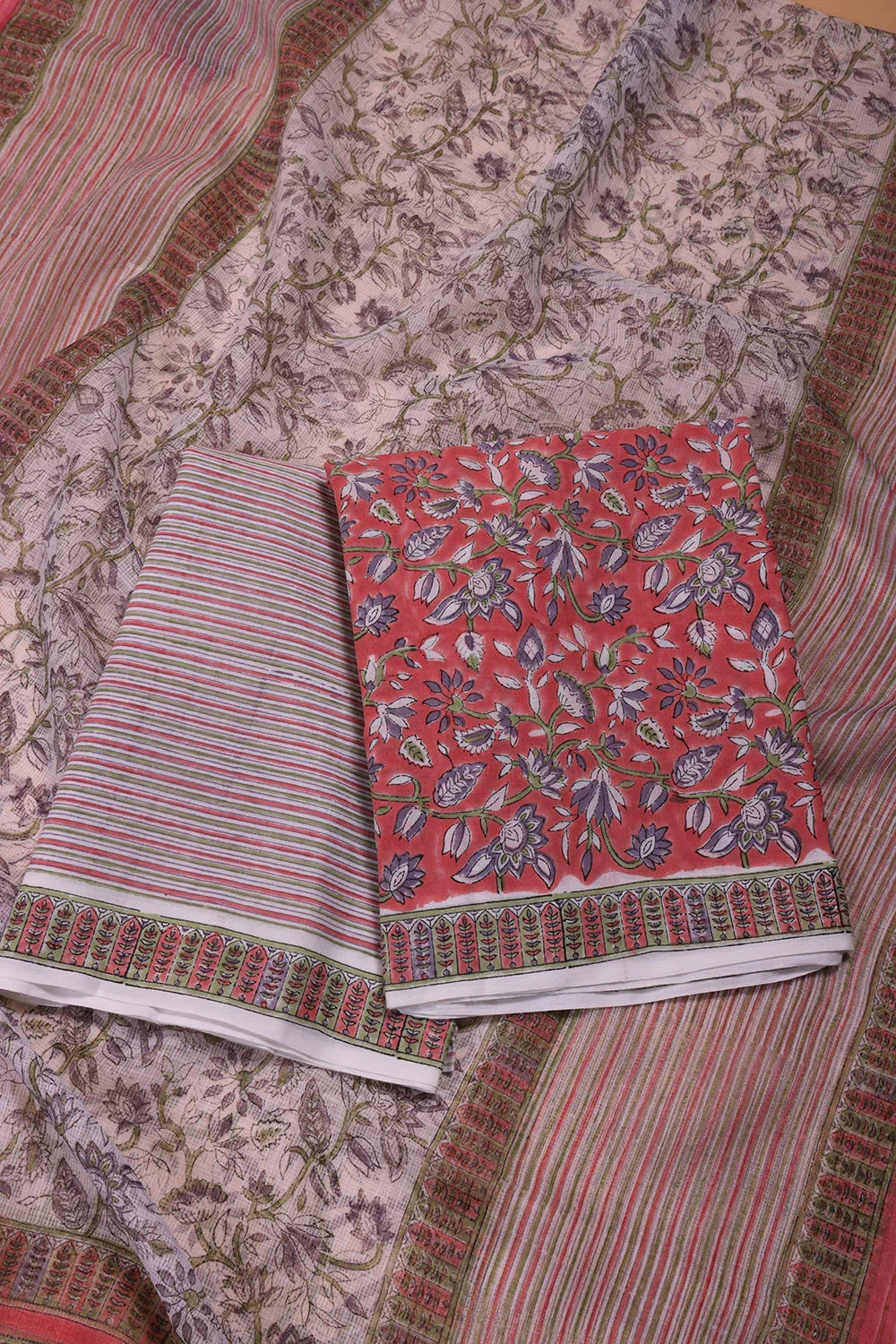 Salmon and Frost Pink Cotton Hand Block Printed Suit Set With Dupatta | SHOBITAM