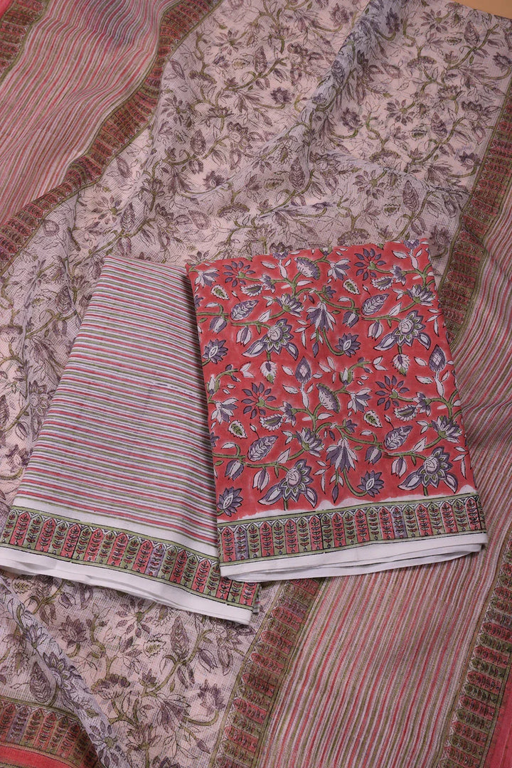 Salmon and Frost Pink Cotton Hand Block Printed Suit Set With Dupatta | SHOBITAM
