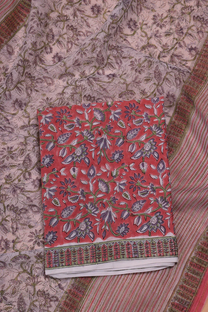 Salmon and Frost Pink Cotton Hand Block Printed Suit Set With Dupatta | SHOBITAM