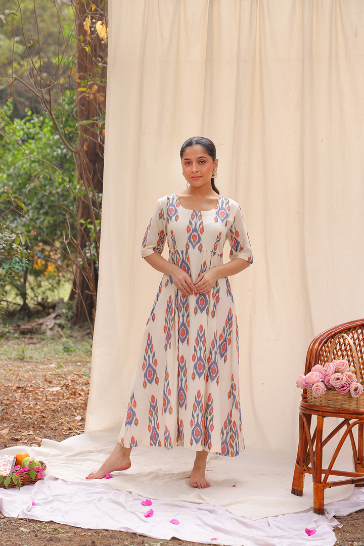 Amber Cream Ikkat Cotton Dress | SHOBITAM