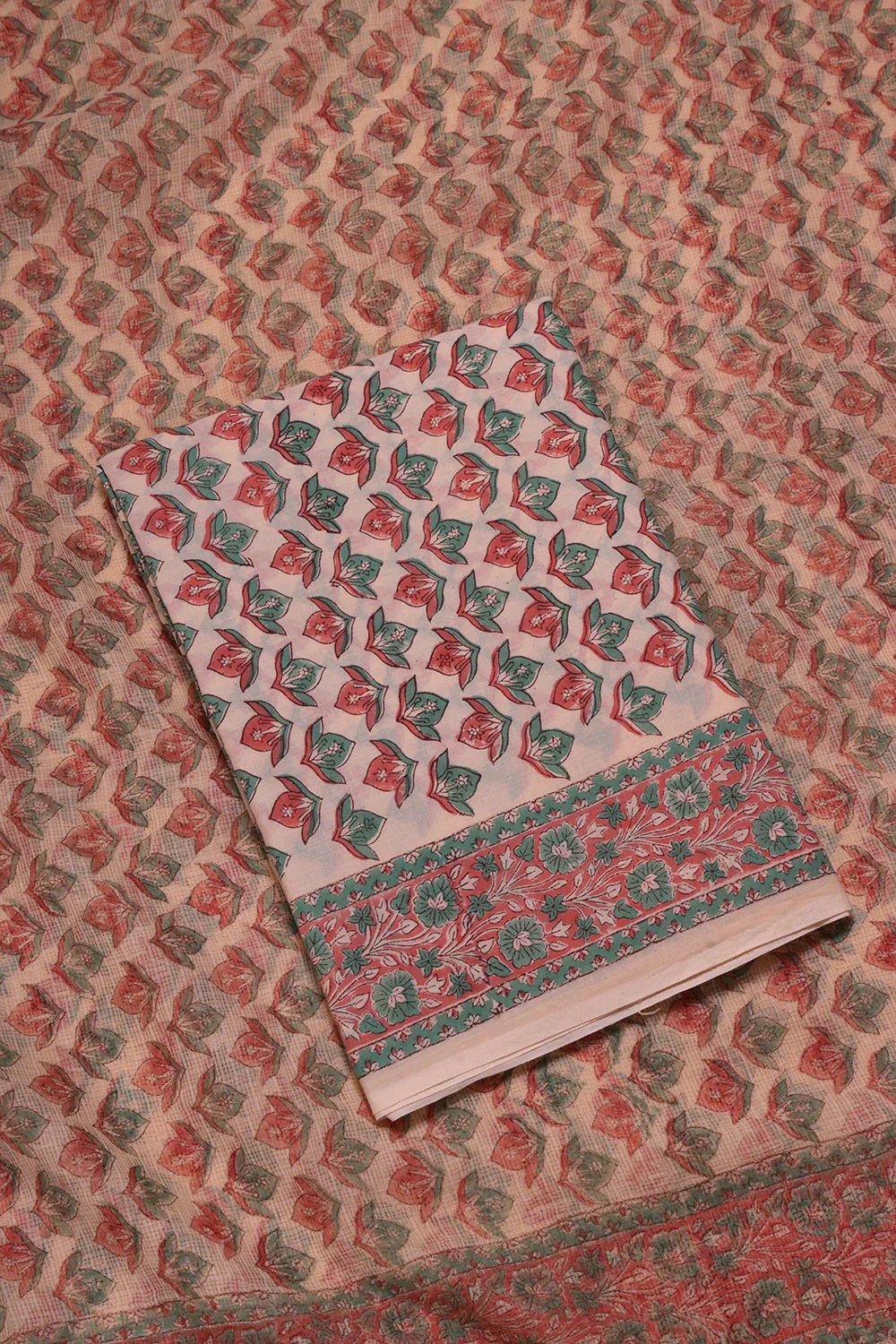 Beige Palm Hand Block Print Suit Set With Dupatta | SHOBITAM