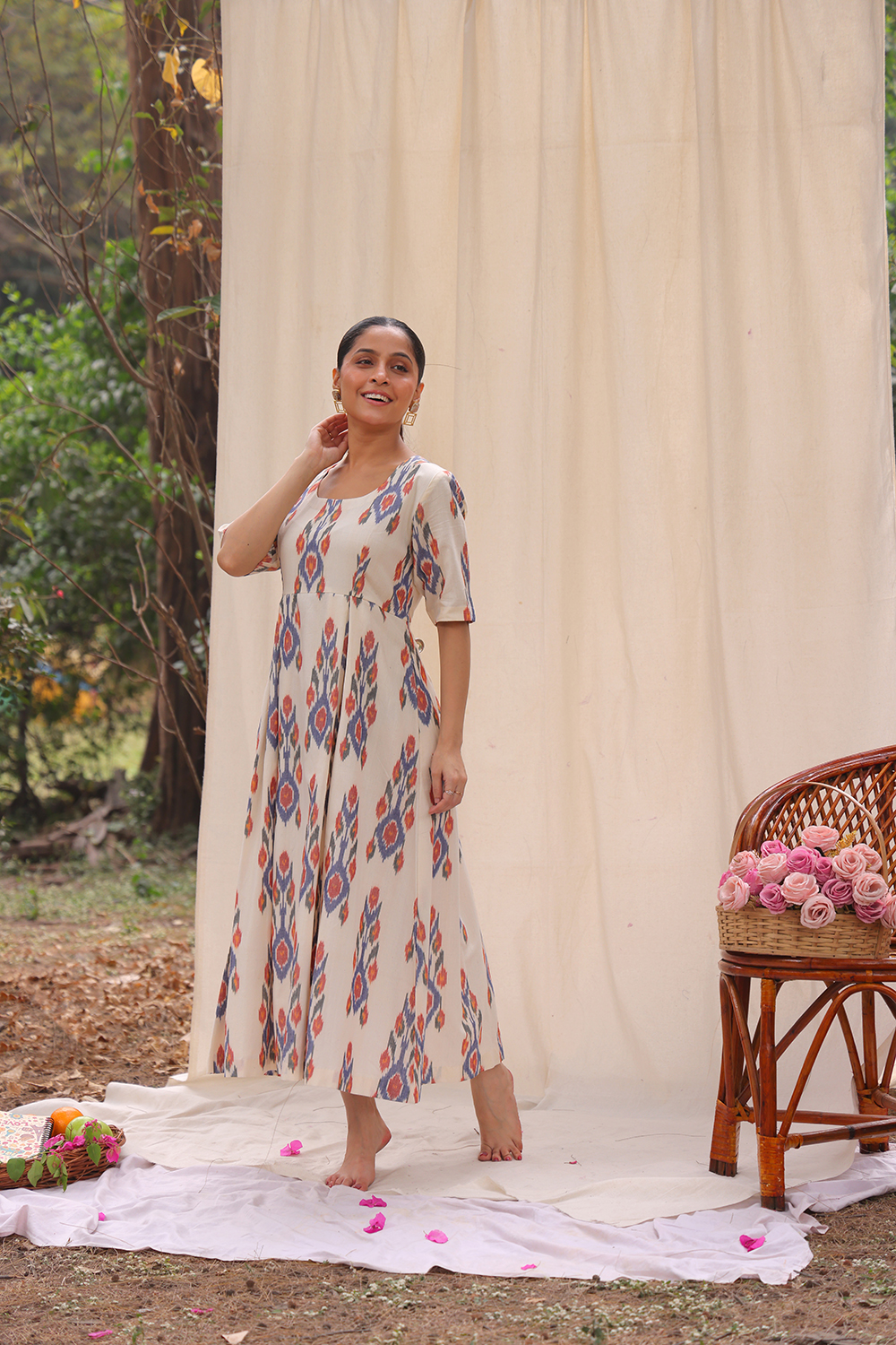 Amber Cream Ikkat Cotton Dress | SHOBITAM