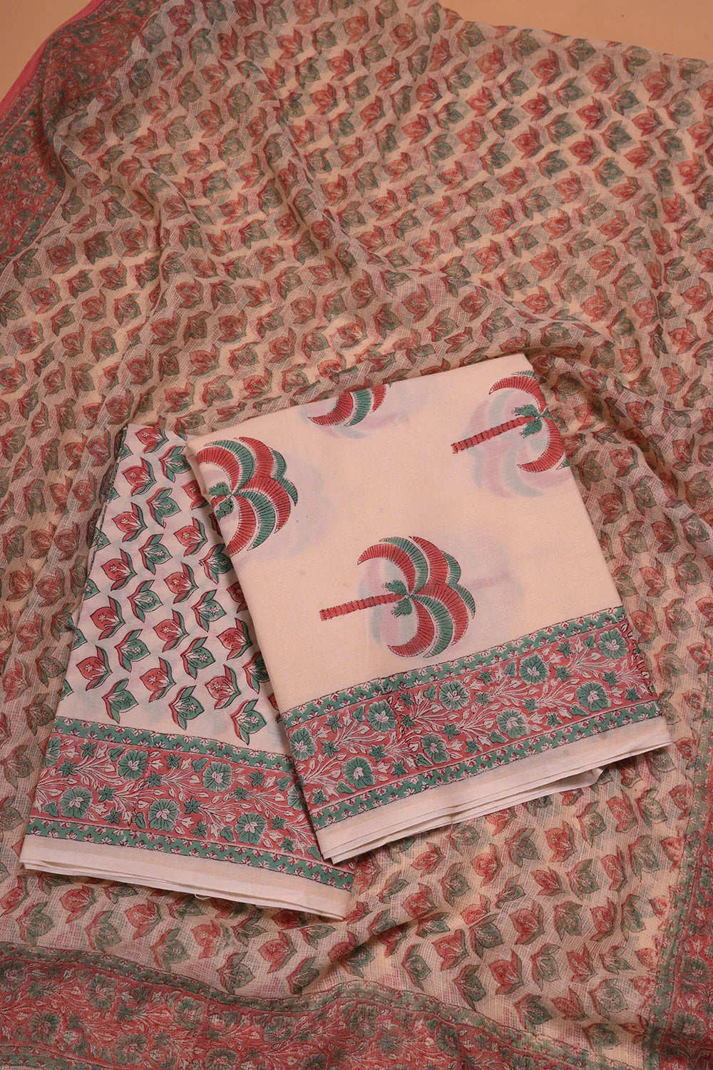 Beige Palm Hand Block Print Suit Set With Dupatta | SHOBITAM